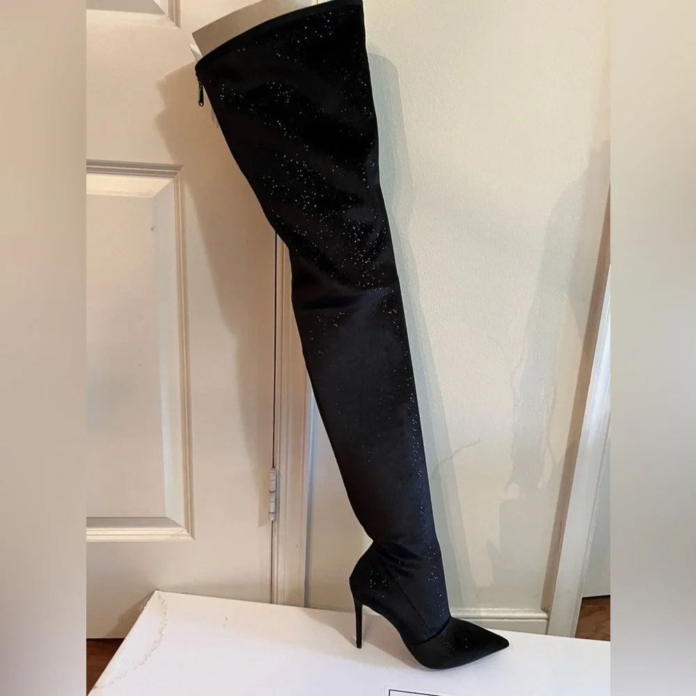 NEW BALMAIN AMAZONE Tall Thigh High Black Velvet Leather Boots EU 39.5
